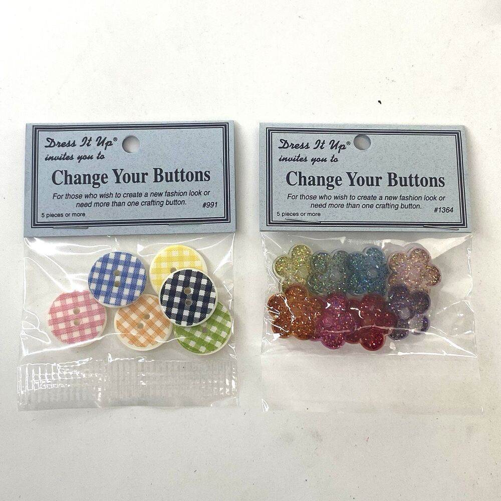 Dress It Up Buttons Lot #991 Gingham & #1364 Glitter Flowers Craft Embellish